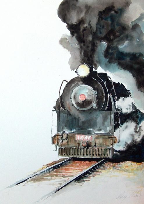495x700 Smokin Painting By Greg Clibon - Watercolor Train