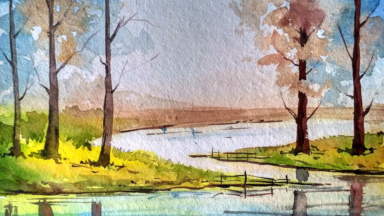 1280x720 How To Draw Landscape With Trees And Reflection On Water - Watercolor Tree Landscape