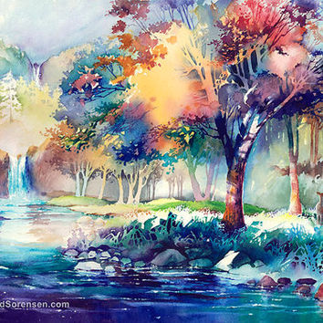 354x354 Watercolor Painting Landscape Print By From Michaeldavidsorensen - Watercolor Tree Landscape