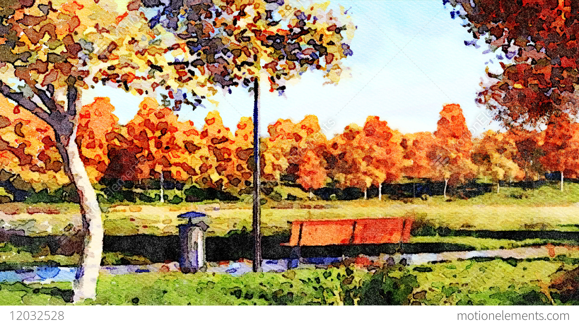 1920x1080 Colorful Autumn Trees In City Park Watercolor Landscape Stock - Watercolor Tree Landscape