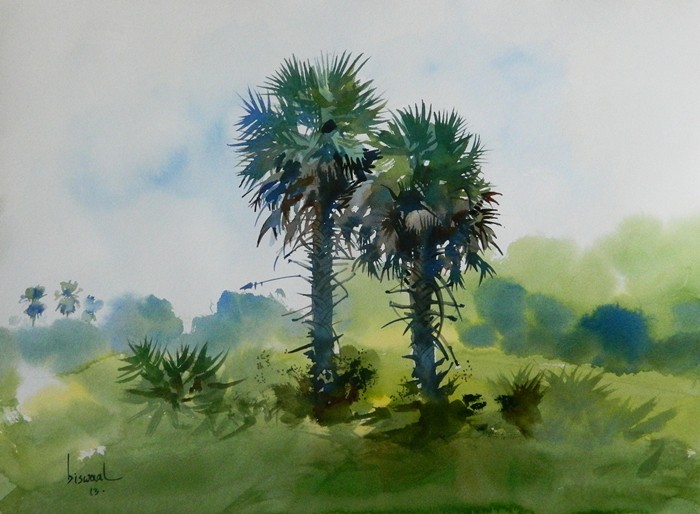 700x514 Coconut Trees By Artist Bijay Biswaal Nature Art Watercolor - Watercolor Tree Painting