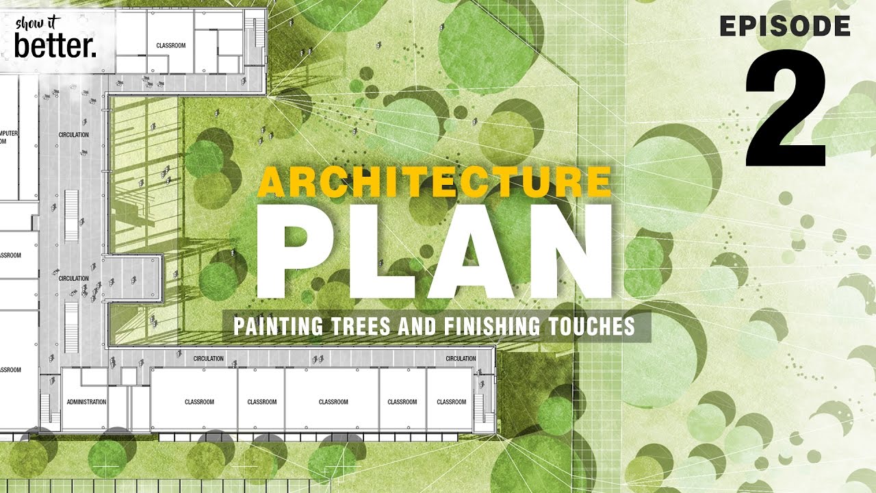 1280x720 Architecture Plan In Photoshop Ep 2 Painting Trees And Finishing - Watercolor Tree Plan