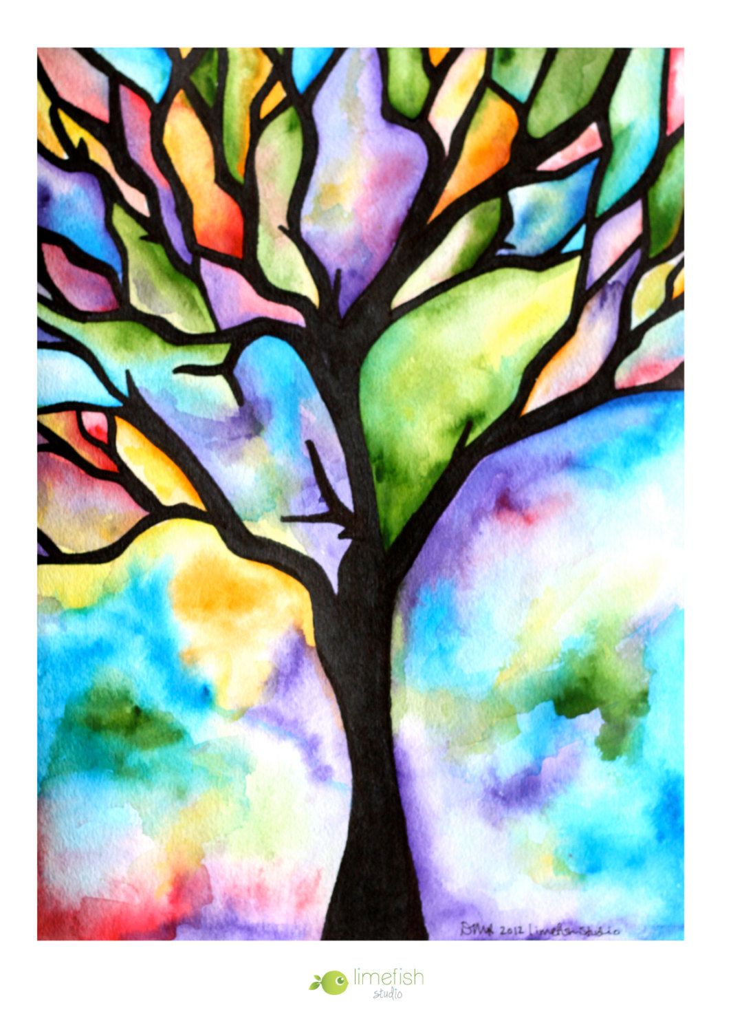 1063x1500 Made To Order Watercolor Painting, Tree Silhouette, Colorful - Watercolor Tree Plan