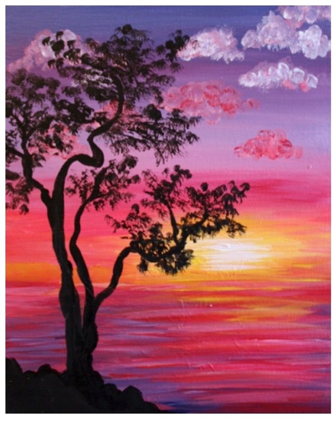 675x856 Tree Silhouette Sunset Painting In Pinks, Orange Painting - Watercolor Tree Plan