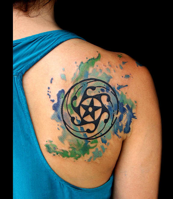 575x661 Watercolor Tribal Star Tattoo On Right Back Shoulder - Watercolor Tribal Tattoo
