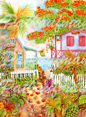281x383 Seaside Cottages And Beach Living Paintings Watercolors By - Watercolor Tropical