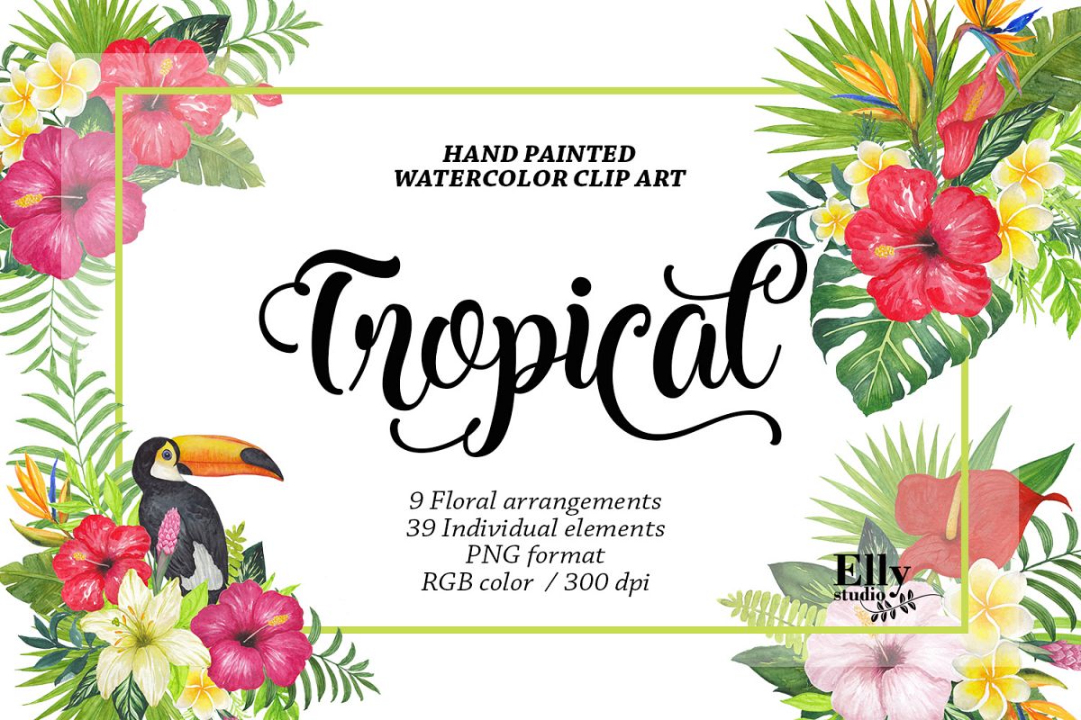 1200x800 Watercolor Tropical Floral Clip Art - Watercolor Tropical