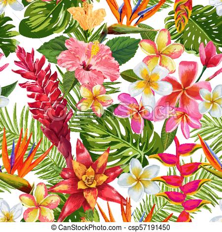 450x470 Watercolor Tropical Flowers And Palm Leaves Seamless Pattern - Watercolor Tropical