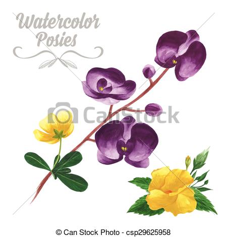 450x470 Isolated Watercolor Tropical Flowers And Leaves.vector With - Watercolor Tropical Flowers