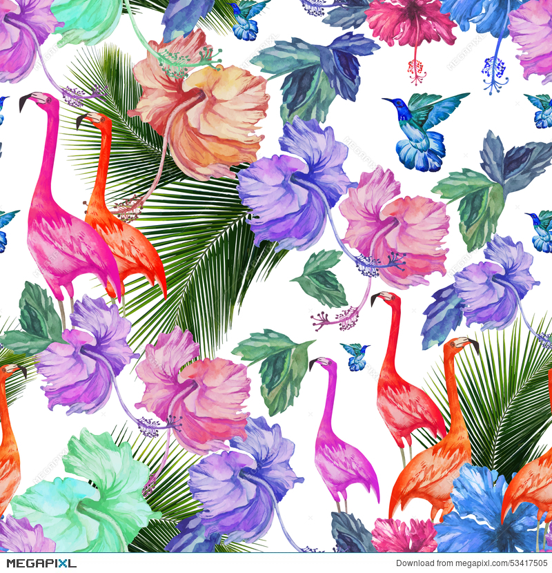 800x830 Seamless Pattern Watercolor Tropical Flowers, Palm Tree And Birds - Watercolor Tropical Flowers