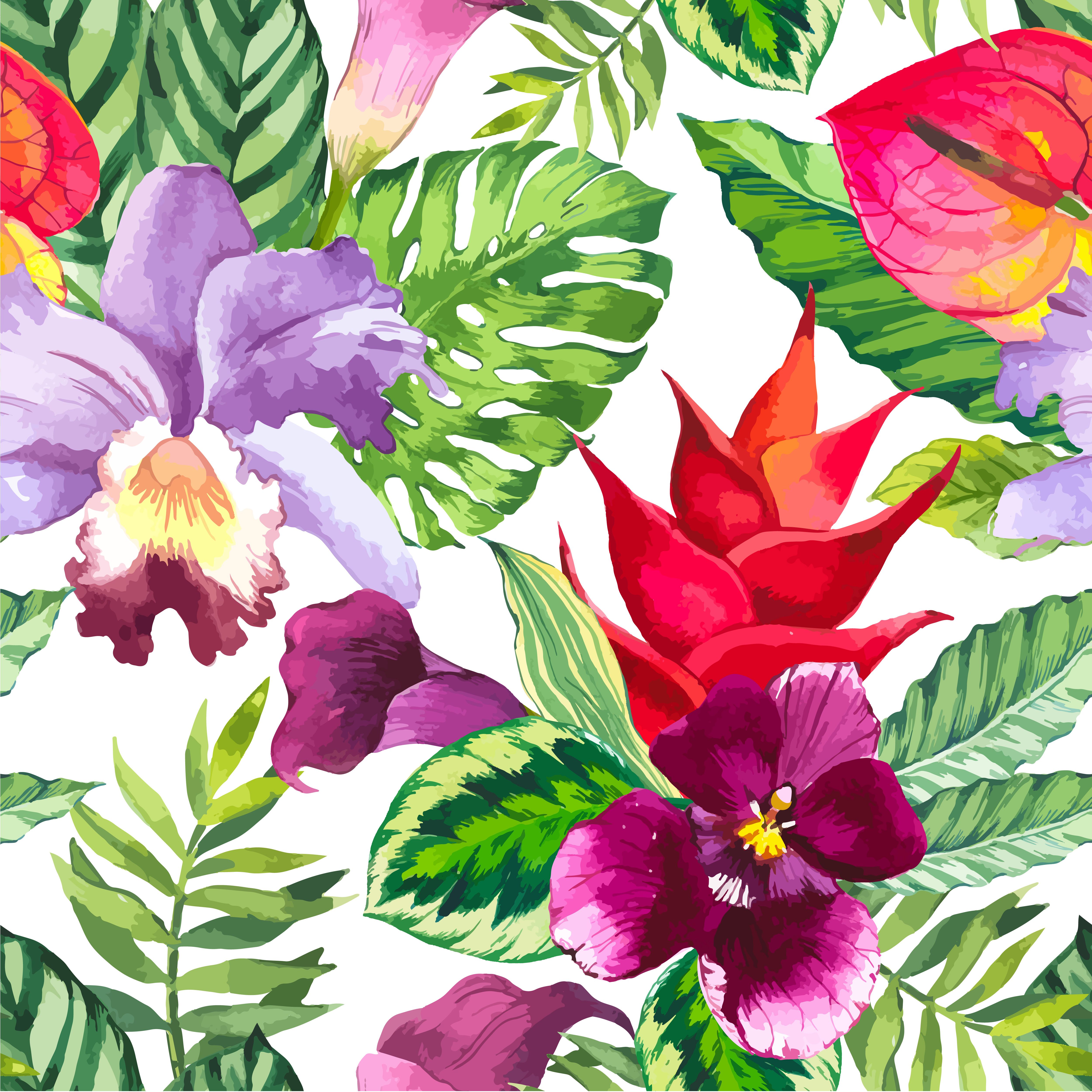 5000x5000 Vector Illustration With Watercolor Flowers. Beautiful Seamless - Watercolor Tropical Flowers