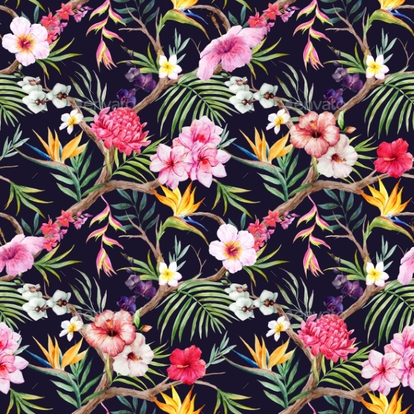 590x590 Watercolor Tropical Floral Pattern By Zenina Graphicriver - Watercolor Tropical Flowers