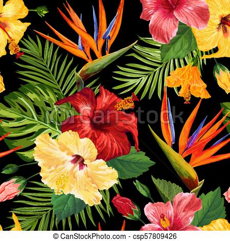 450x470 Watercolor Tropical Flowers Seamless Pattern. Floral Hand Drawn - Watercolor Tropical Flowers