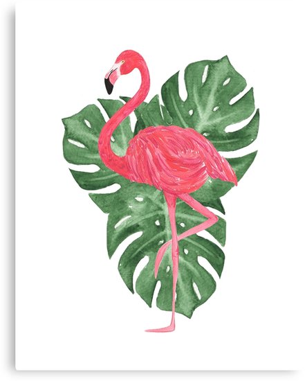 441x550 Watercolor Tropical Leaves Pink Flamingo Canvas Prints By - Watercolor Tropical Leaves