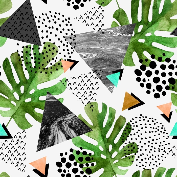 700x700 Watercolor Tropical Leaves And Textured Triangles Background - Watercolor Tropical Leaves