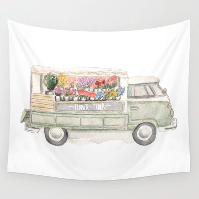 700x700 Flower Truck Watercolor Print Mint Wall Tapestry By Laurenantoniaa - Watercolor Truck