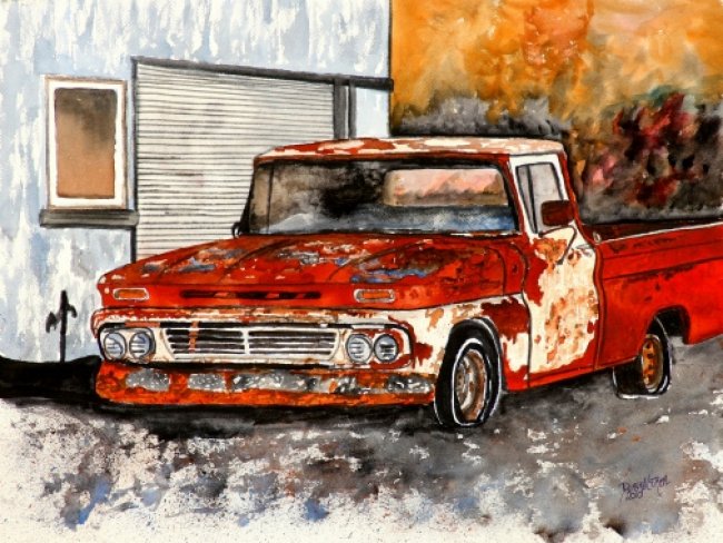 650x488 Old Vintage Truck, Watercolor, Painting, Old Art Print - Watercolor Truck
