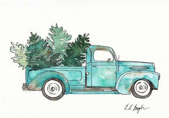 570x399 Vintage Truck And Christmas Trees, Original Watercolor Painting - Watercolor Truck
