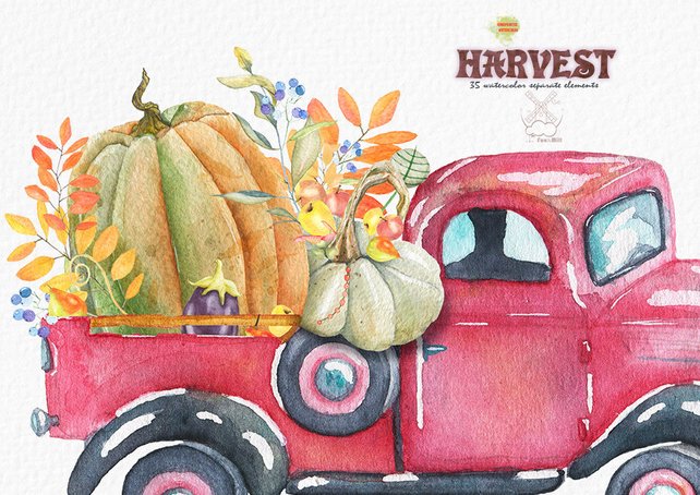 642x454 Autumn Harvest Watercolor Clipart Truck Watercolor Pumpkin Etsy - Watercolor Truck
