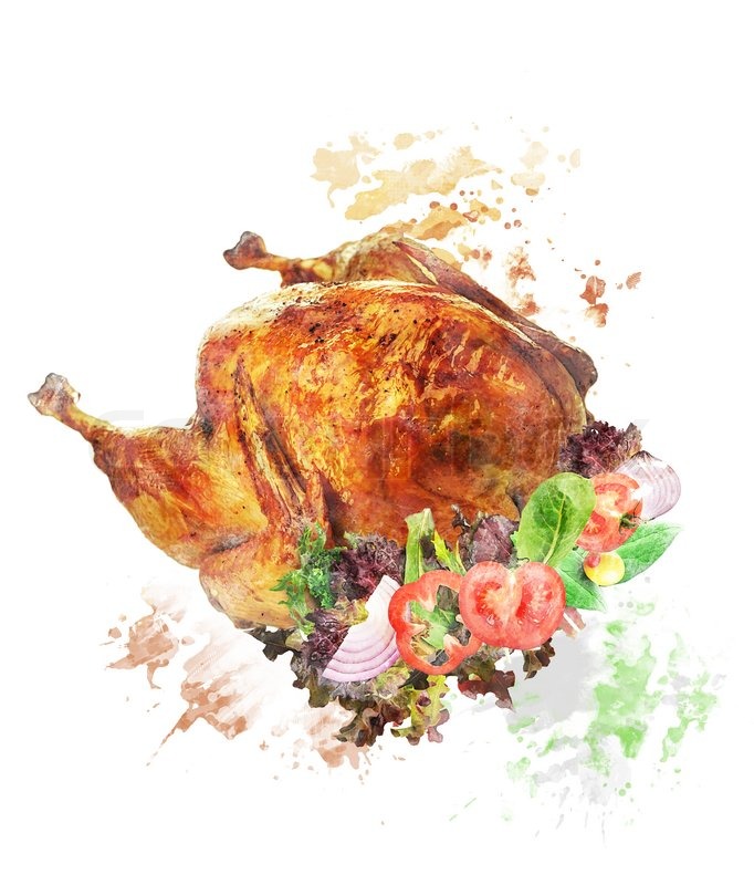 682x800 Watercolor Digital Painting Of Roasted Whole Turkey With Salad - Watercolor Turkey