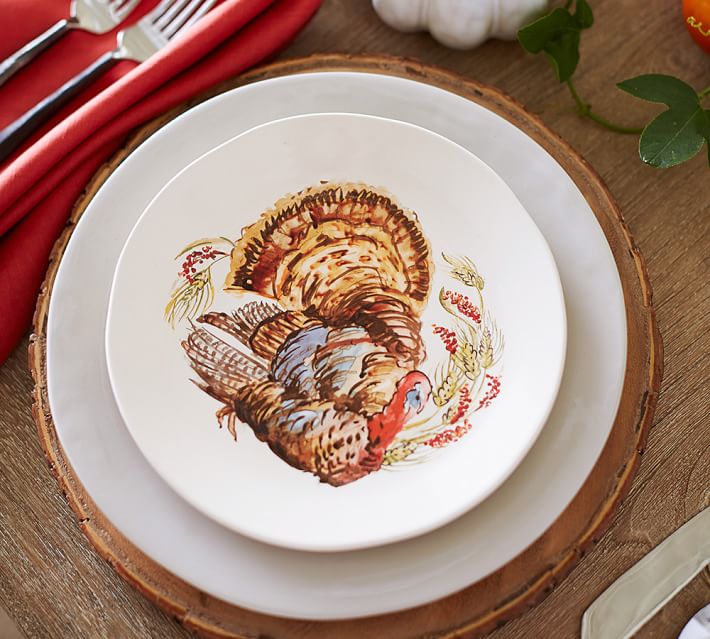 710x639 Watercolor Turkey Salad Plate, Set Of 4 Pottery Barn - Watercolor Turkey