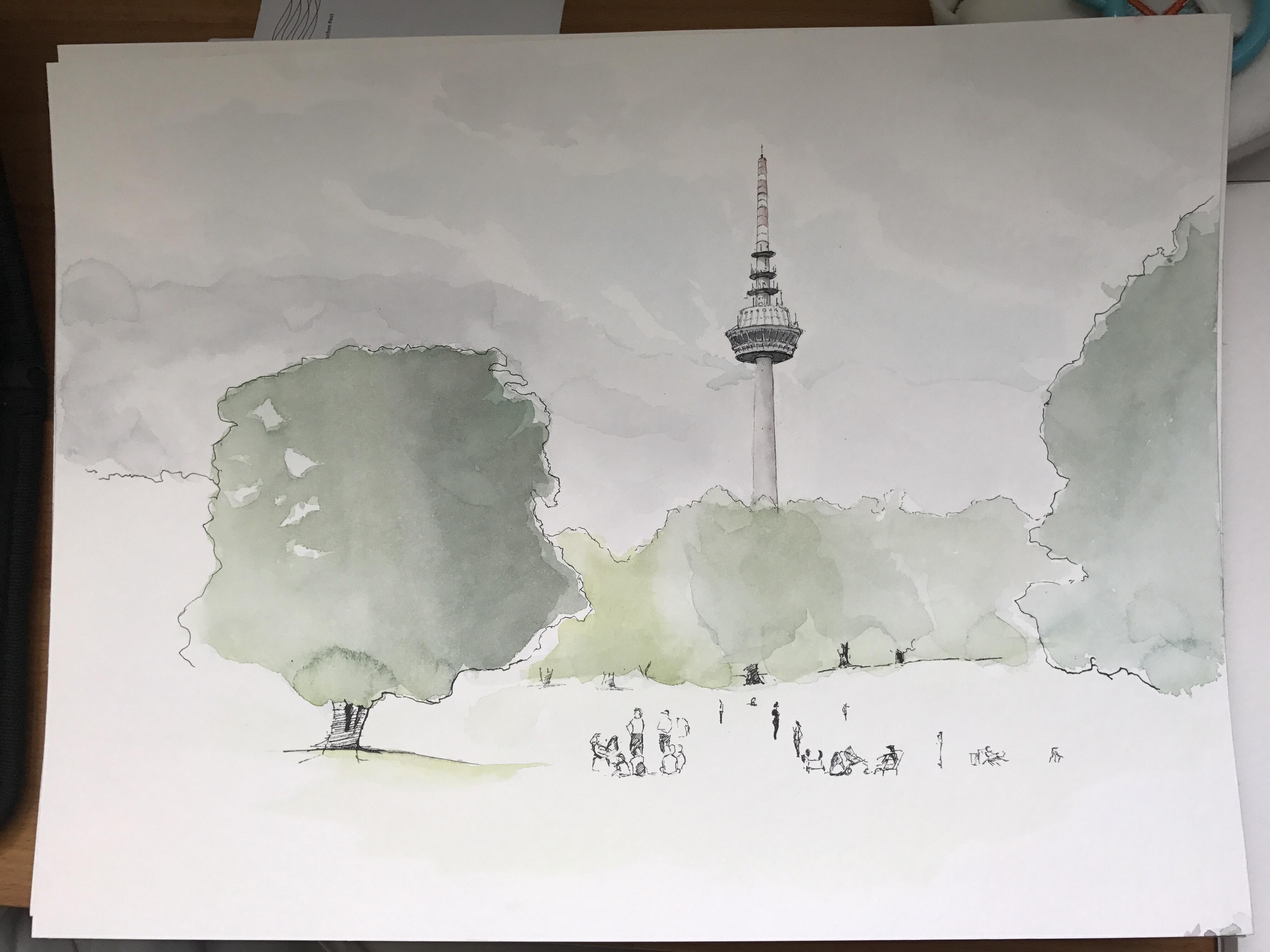 4032x3024 Afternoon Sketch Of Tv Tower. Luisenpark, Mannheim. 30x40cm - Watercolor Tv