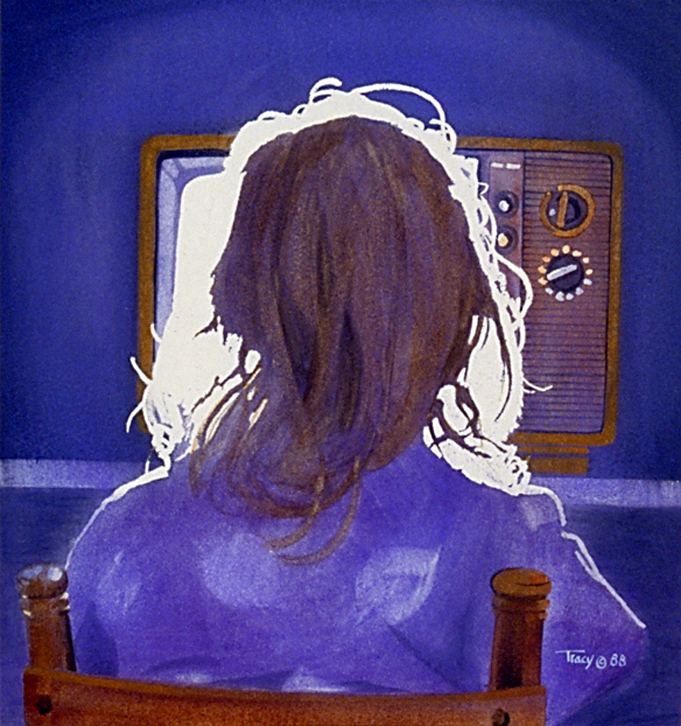 681x726 Girl Watching Tv Watercolor 12 X - Watercolor Tv
