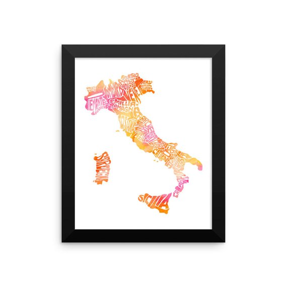 570x570 Italy Watercolor Typography Map Art Framed Print Country Etsy - Watercolor Typography