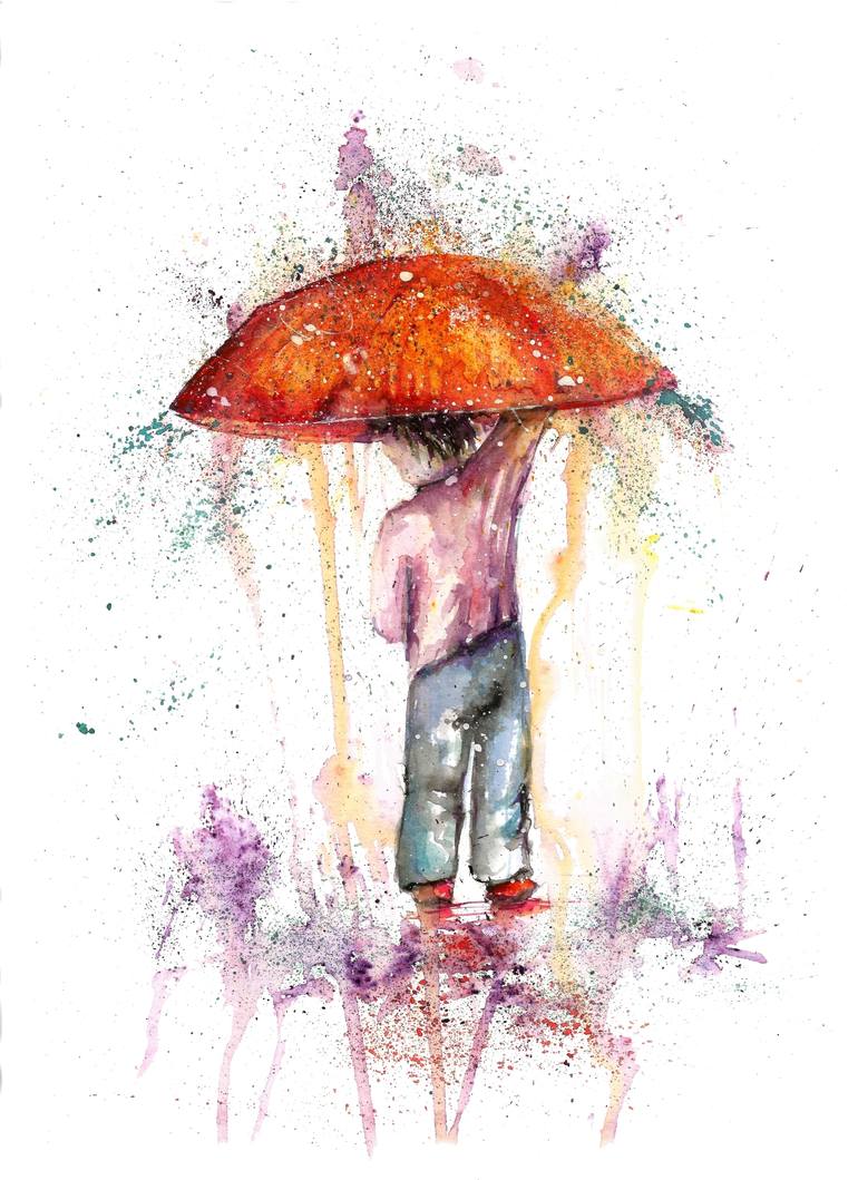 770x1059 Rainy Fantasy With Umbrella Watercolour Painting By Natalja - Watercolor Umbrella