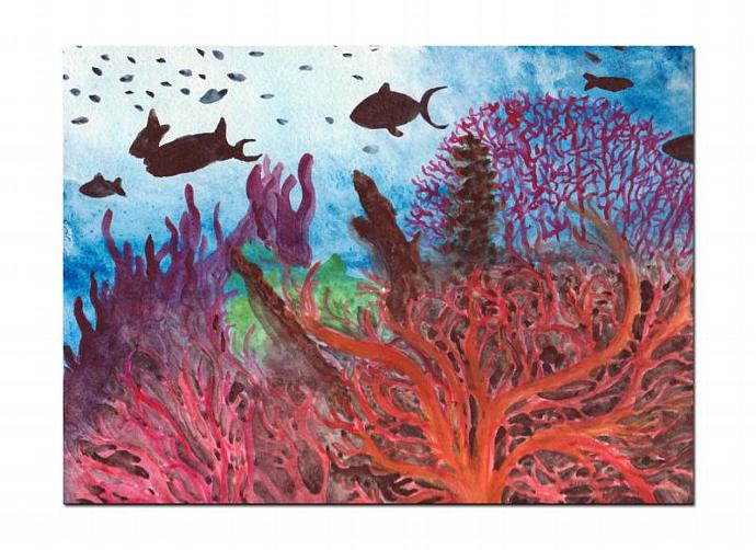 690x502 Under The Sea Watercolor Painting , Coral Reef By Samiamart On Zibbet - Watercolor Under The Sea