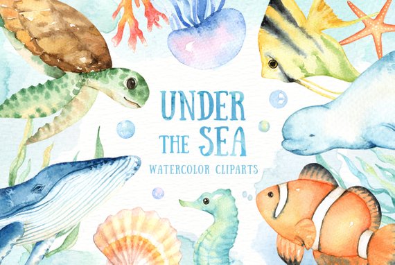 570x382 Under The Sea Watercolor Clipart Nursery Prints Nautical Etsy - Watercolor Under The Sea