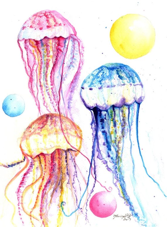 570x774 Jellyfish Watercolor Under The Sea Art Watercolor Painting Etsy - Watercolor Under The Sea