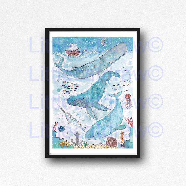 787x787 Buy Starry Night Whales Under The Sea Watercolor Painting Print - Watercolor Under The Sea