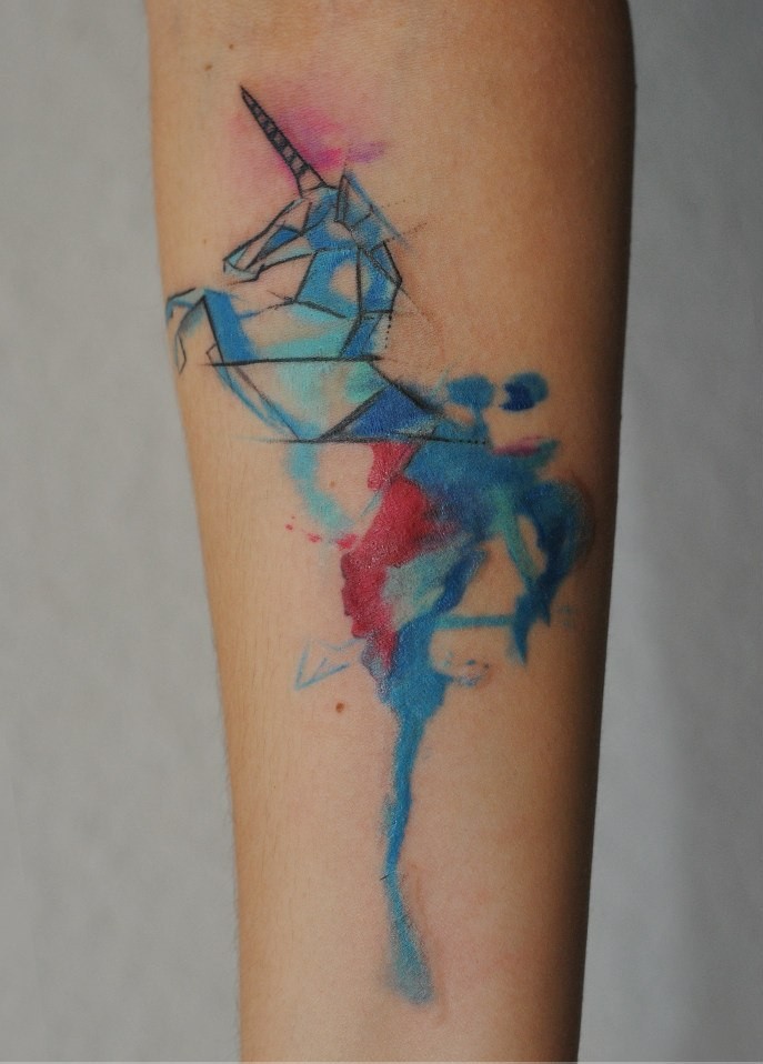 687x958 Geometric Watercolor Unicorn Tattoo On Forearm - Watercolor Unicorn Tattoo