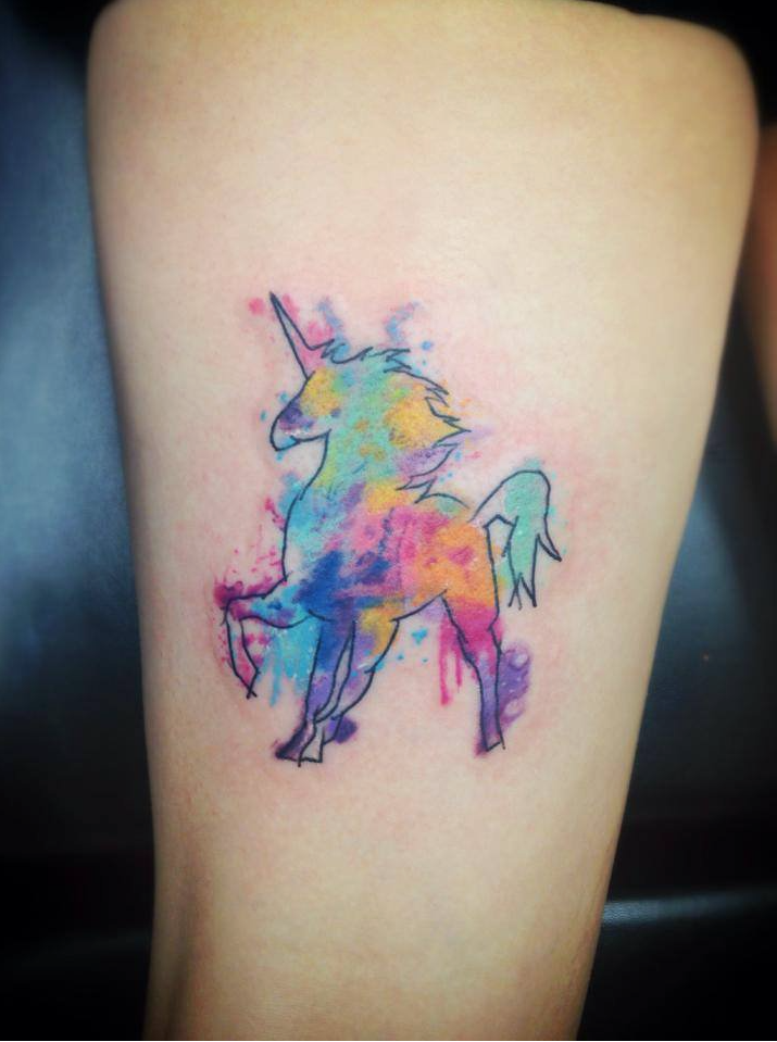 715x959 Unicorn Watercolor Tattoo On Thigh - Watercolor Unicorn Tattoo