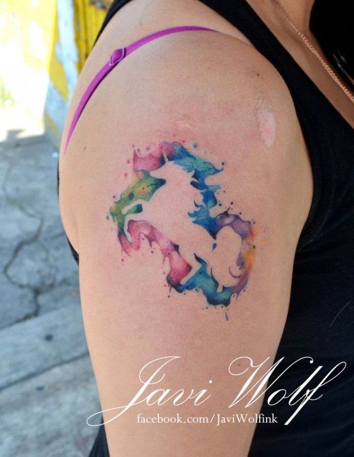 696x900 Watercolor Style Shoulder Unicorn Tattoo - Watercolor Unicorn Tattoo