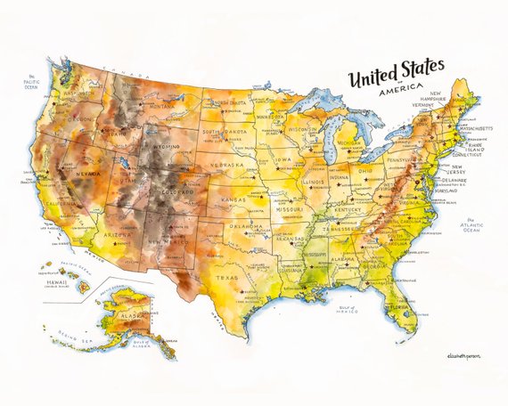570x456 The United States Of America Map Watercolor Illustration Usa Etsy - Watercolor Us Map