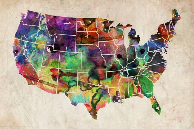 650x434 Usa Watercolor Map By Michael Tompsett - Watercolor Us Map