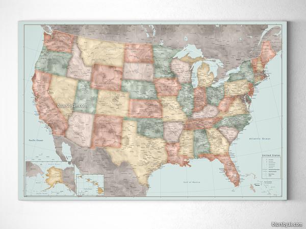 600x450 Personalized Vintage Inspired Watercolor Usa Map With Cities - Watercolor Usa Map