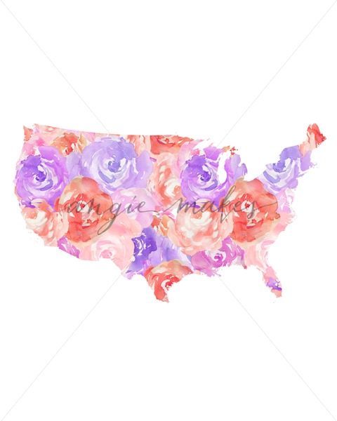 480x600 Pink And Purple Floral Usa Map - Watercolor Usa Map