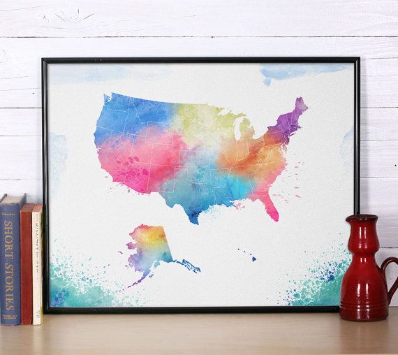 570x508 Usa Map Art Print Watercolor Usa Poster Art By Inspire4you On Etsy - Watercolor Usa Map