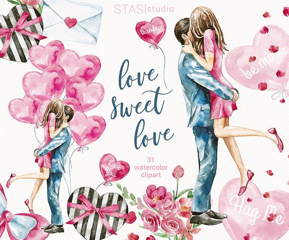 570x475 Watercolor Valentines Clipart Love Background Romantic Couple Etsy - Watercolor Valentines