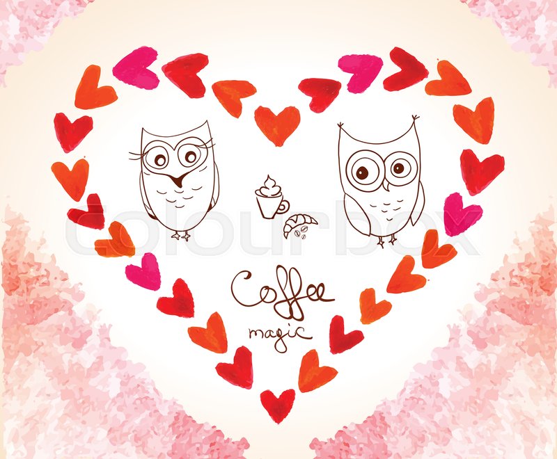 800x660 Happy Valentines Day Card With Owl And Watercolor Hearts. Vector - Watercolor Valentines Day Cards