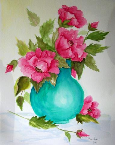382x480 Red Poppies In Aqua Vase - Watercolor Vase