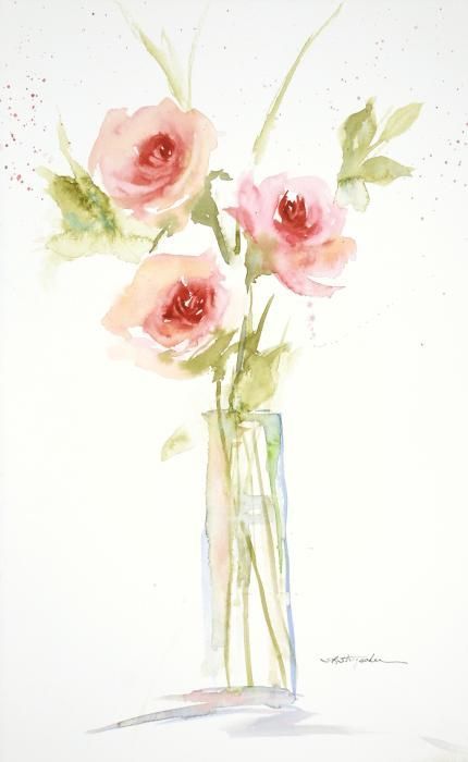 430x700 Three Roses In A Glass Vase~ Transparent Watercolor By Sandra L - Watercolor Vase