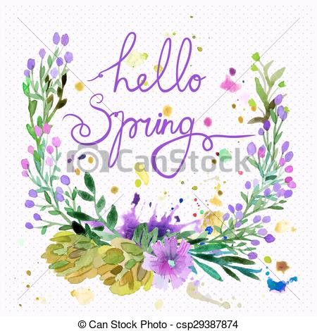 450x470 Watercolor Vector Wreath. Floral Frame Design With Text Hello - Watercolor Vector Art