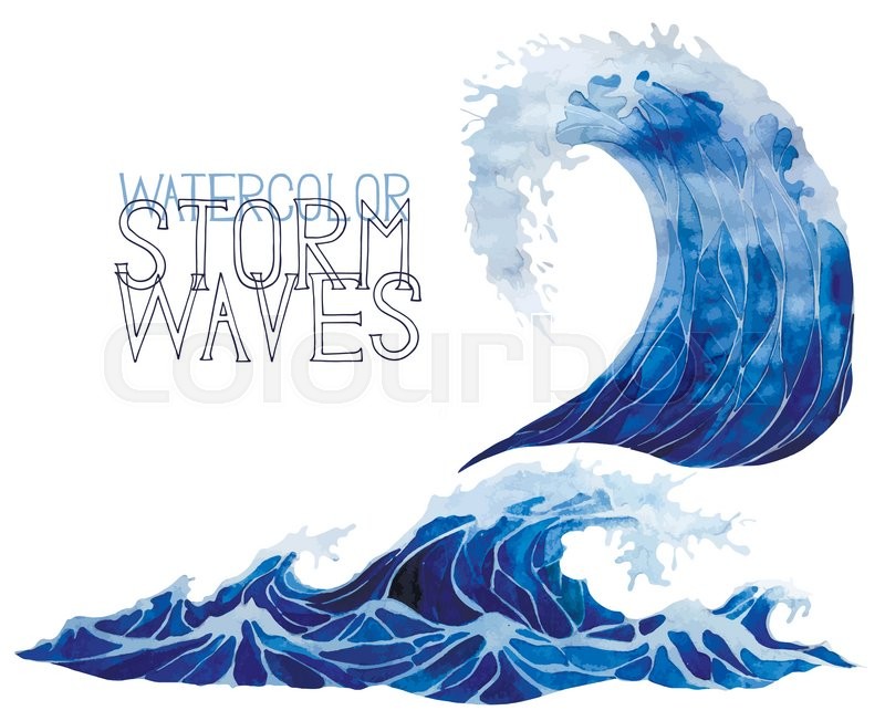 800x652 Deep Blue Storm Waves Isolated On White Background. Watercolor - Watercolor Vector Art