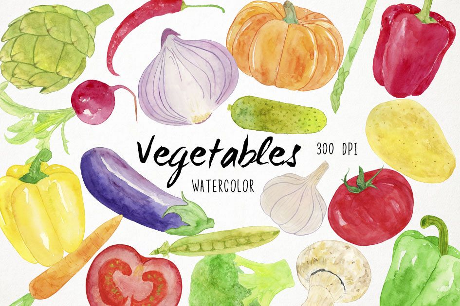 945x630 Watercolor Vegetables Clipart, Healthy Food Clipart - Watercolor Vegetables