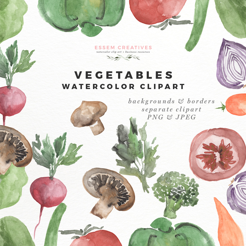 1000x1000 Watercolor Vegetables Clipart Menu Food Blog Branding Essem - Watercolor Vegetables