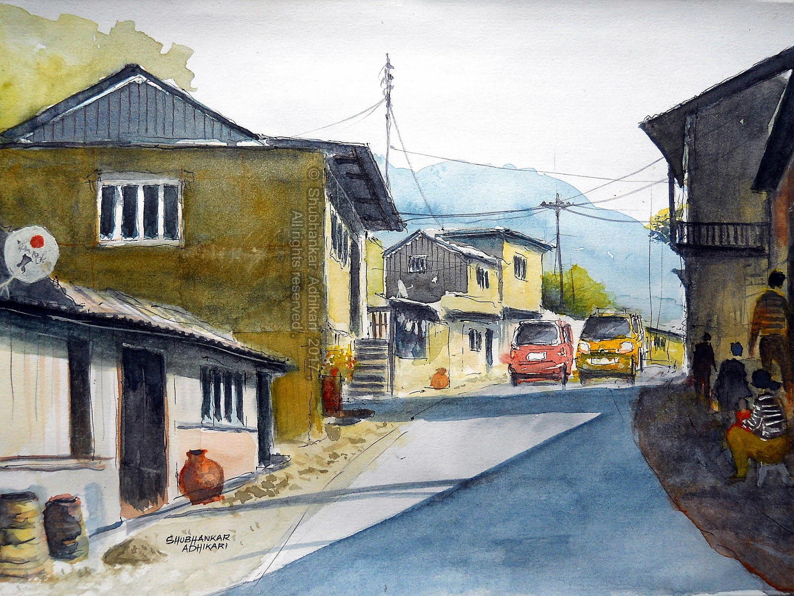 1600x1200 Shubhankar Adhikari Fine Art Beautiful Indian Hill Village - Watercolor Village